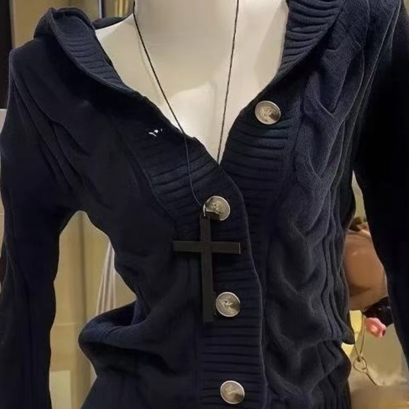 Y2K Subculture Black Fur Collar Knit Cardigan Women Vintage Batwing Sleeve Casual Sweater Jacket Fashion Stylish Cozy Outerwear