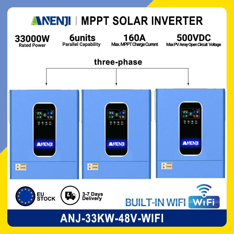 ANENJI 33 kW 48 V Hybrid-Solar-Wechselrichter, 3-phasig, AC 380 V, Dual-Ausgang, parallele reine Sinus-Wechselrichterwelle, integriertes 120 A MPPT mit WLAN