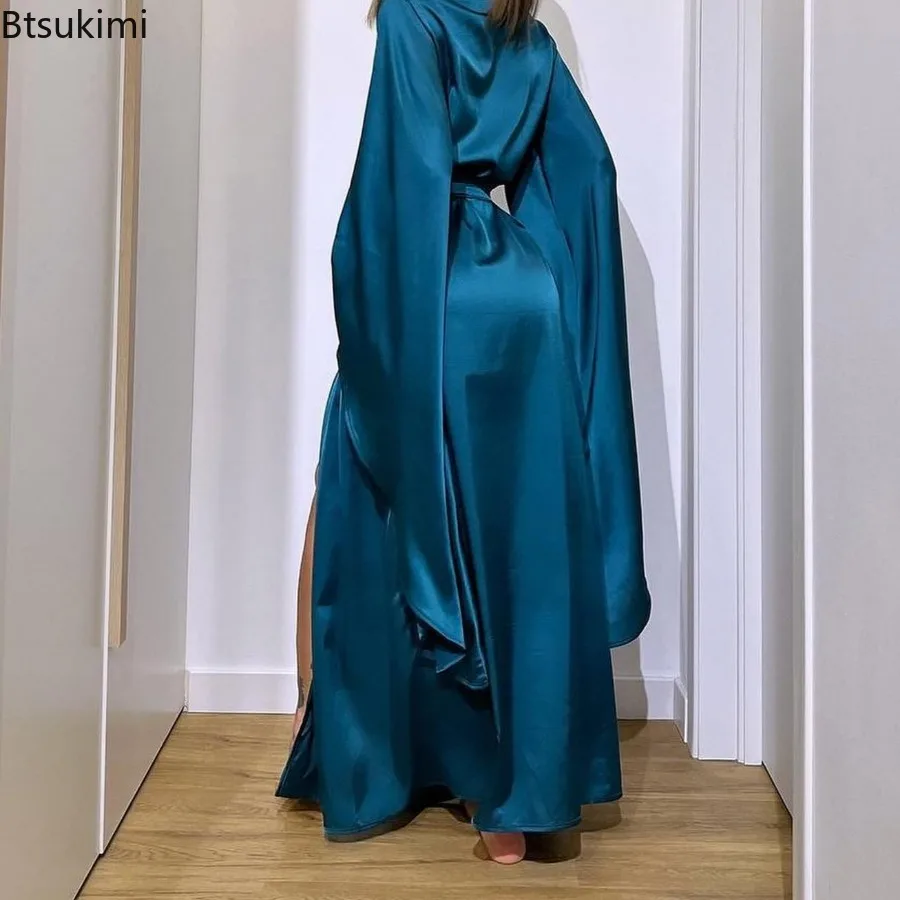 2025 Women's Sexy Long Robes Flare Sleeve Solid Homewear V-neck Tie-up Loose Dress Nightgowns Casual Comfortable Women Sleepwear