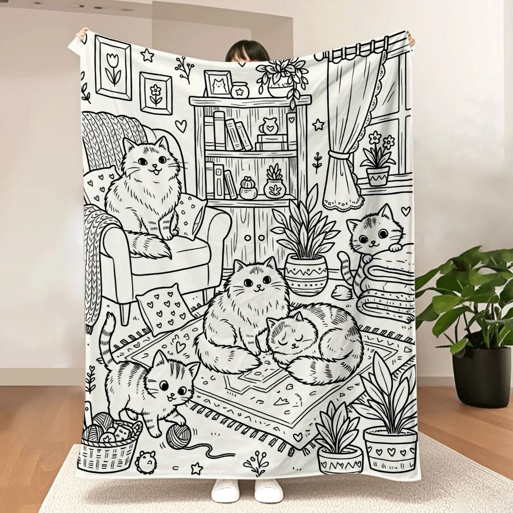 1PC Cute Cat Illustration Blanket-can doodle colors yourself. Great for relaxing, home decor, reading nooks, bedrooms and lounge