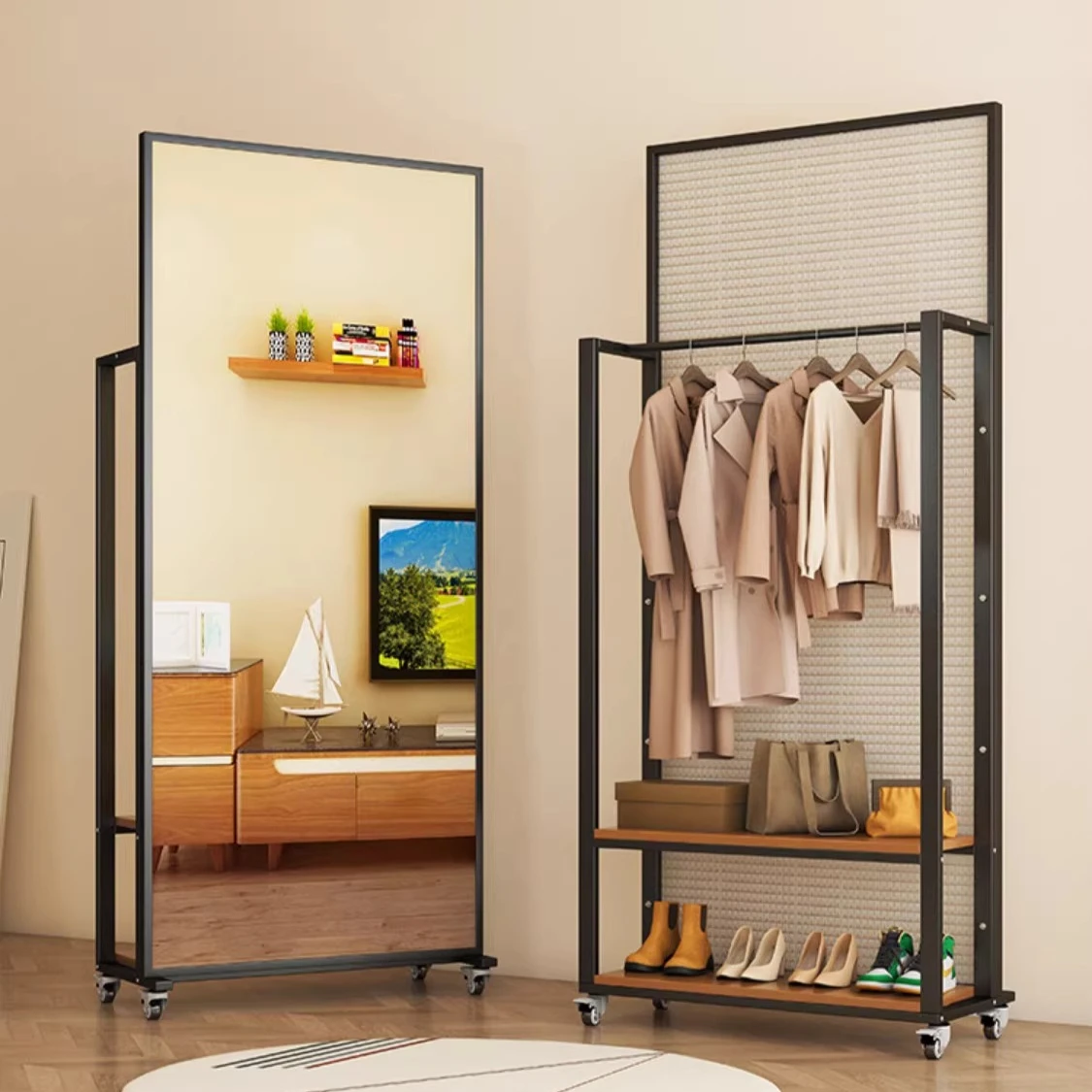 Mobile full-body mirror, coat rack, shoe cabinet, integrated dance mirror, home living room hanger with mirror, rotatable full-b