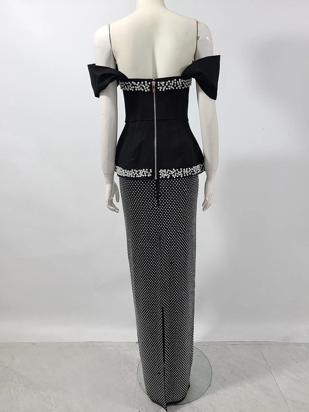 Modphy เซ็กซี่เพิร์ลเพชรผ้าพันคอ Top + ผ้าพันคอ Rhinestone ชุดกระโปรงยาวชุดราตรีชุดผู้หญิง 2 ชิ้นชุด