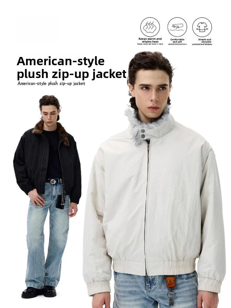 

Retro American Mairaharlington Jaet ex Loose Wolf Fur Simulation Warm Thi Bomber Cotton Coat for Men And Women