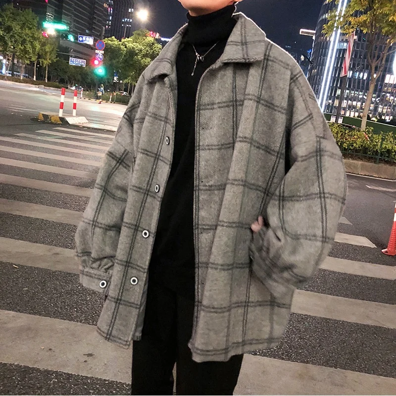 

Winter Cheered Woolen Coat Korean Sle Hong Kong Faion Mid-Length Plaid Windbreaker Autumn Winter eepskin Coat