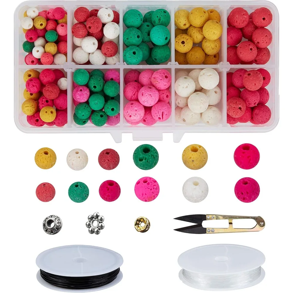 1Set 216 Pcs 3 Sizes Dyed Natural Lava Beads 60 Pcs Style Alloy and Brass Spacer Beads 2 Rolls Elastic Crystal Threads