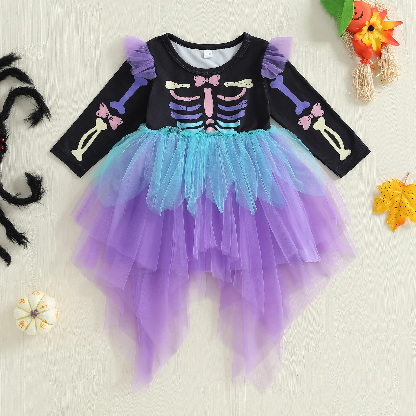 

SUNSIOM Kids Girl Halloween Tulle Dress Casual Skeleton Print Irregular Mesh Long Sleeve Dress for Toddler Baby