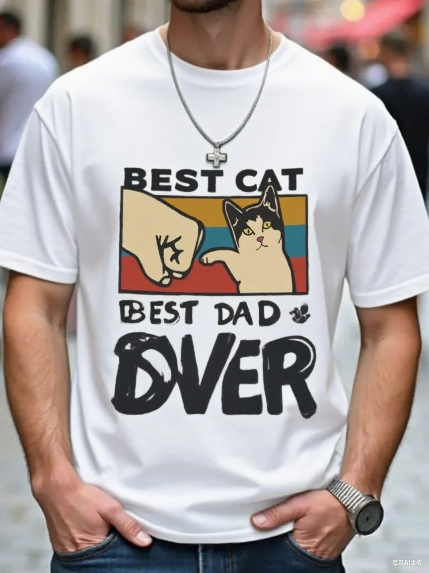 

Retro Style Best Cat Dad Ever Cotton Printed Tshirt Featuring Adorable Cat and Fist Bump Design for Cat Dads Arrival Tee S-4XL