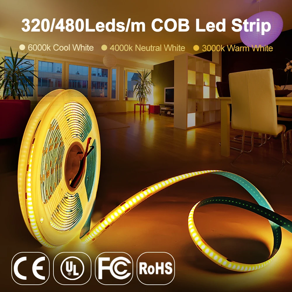 

DC12V/24V COB Led Strip Light 8mm 320 480 Pixel/M RA90 FOB High Density Flexible Tape Linear Dimmable Warm Nature Cool White 10M