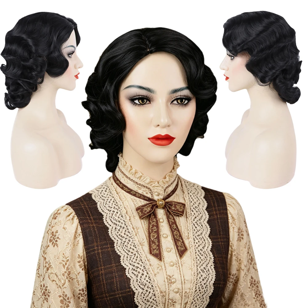 10 Inch European American Vintage Short Curly Wig Black Finger Wave Synthetic Hair Heat Resistant Outfit Accessory for Women