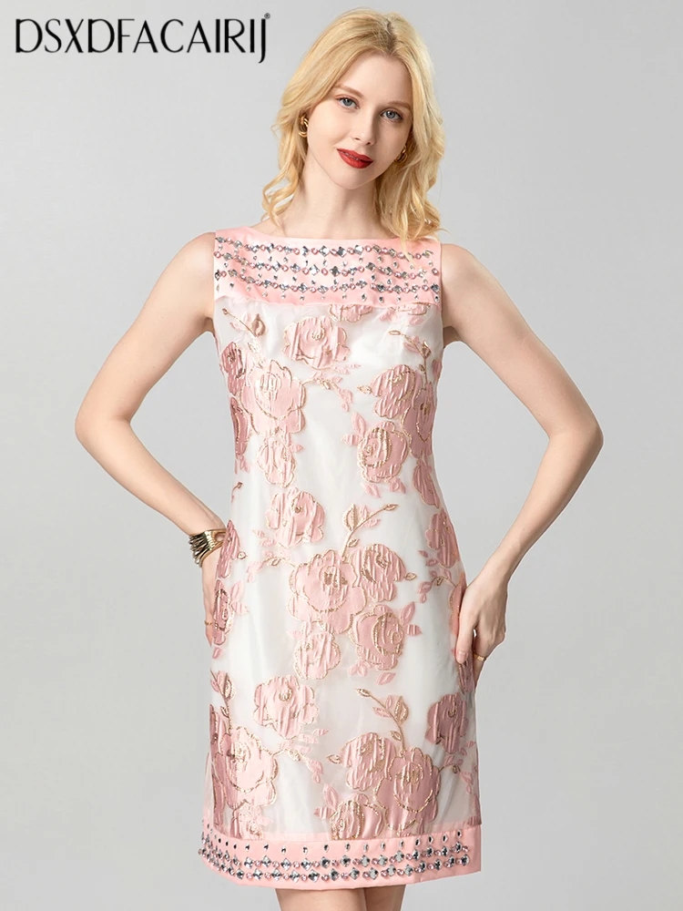 

DSXDFACAIRIJ Women's Crystal Diamond Jacquard Mini Dress O-Neck Sleeveless Vintage Vest Fashion Summer Dress for Females
