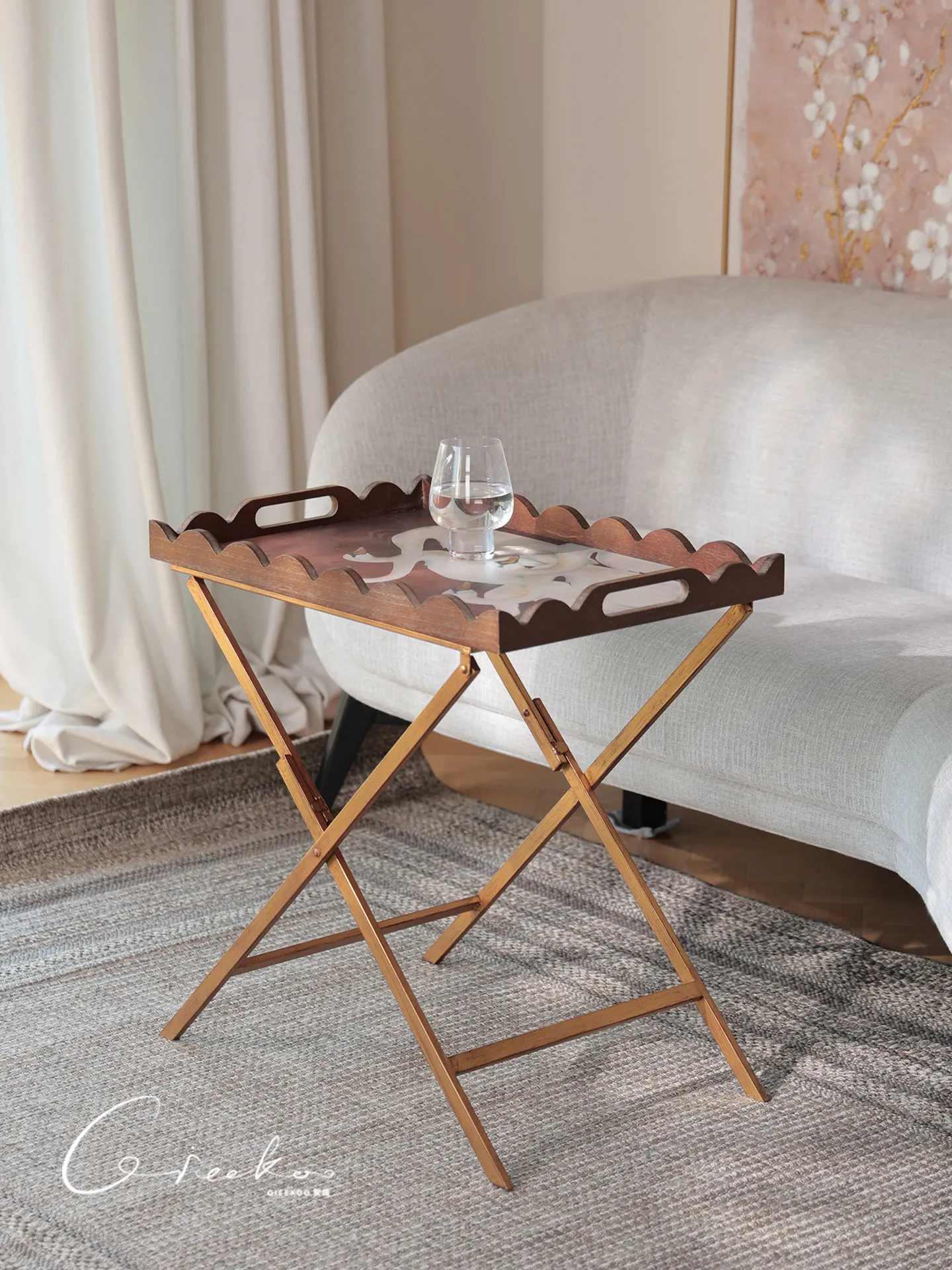 French Vintage Movable Foldable Side Table, Luxury Art Square End Table Beside Sofa Couch