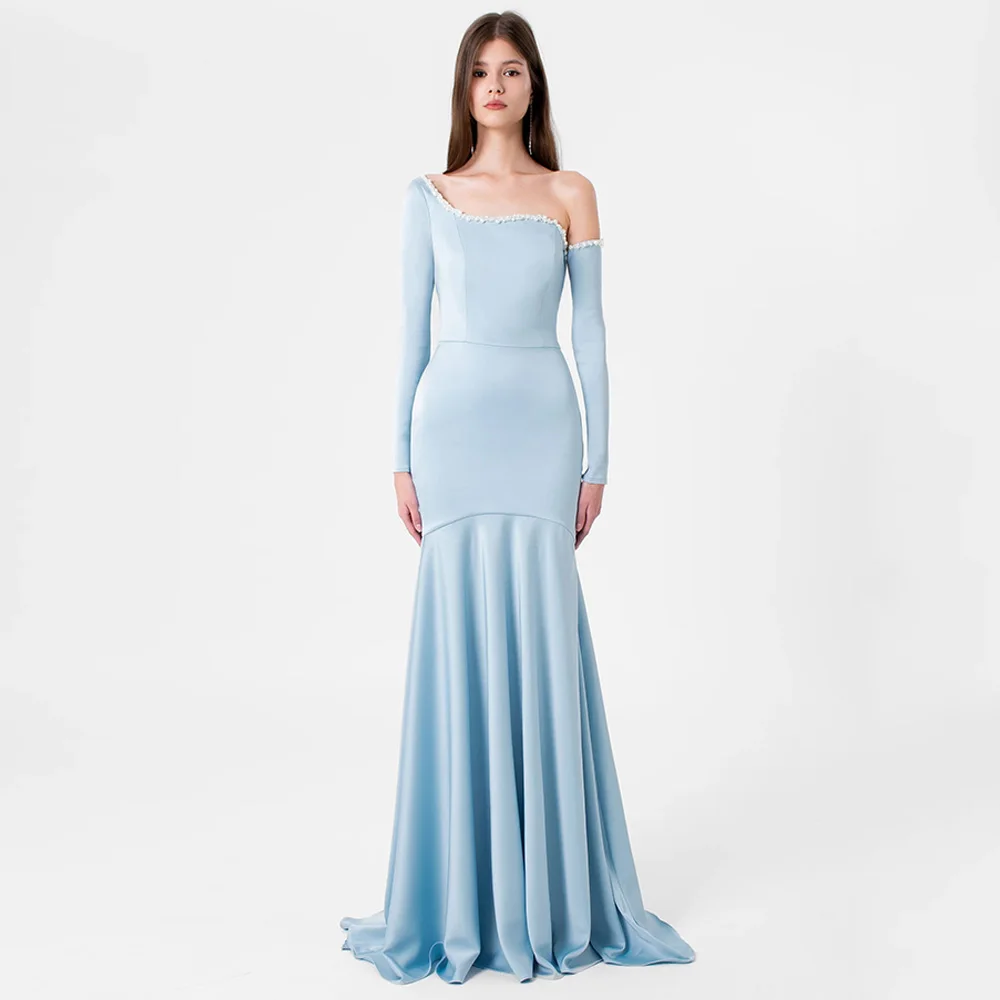 Modern Evening Dress Customized One Shoulder Long Sleeves Pearls Sweep Train Robe De Soiree Formal Party Gown Prom  Dresses