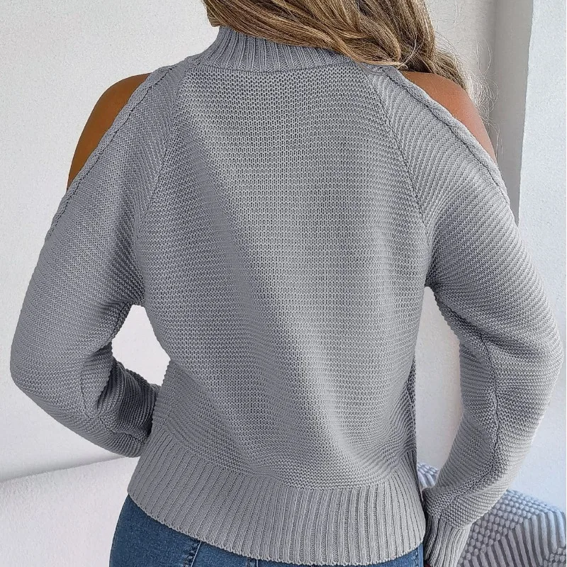 Autumn and Winter Women\'s Pullover Solid Off Shoulder High Neck Screw Thread Hollow Out Long Sleeve Knit Pullover Sweater Tops