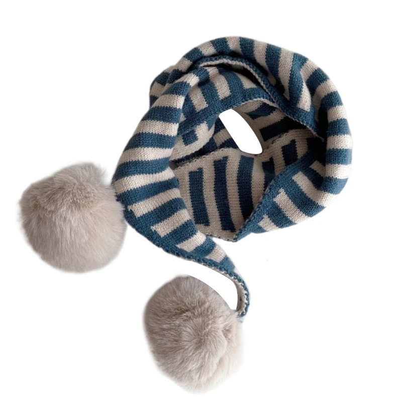 

B2EB Trendy Kid Winter Scarf with Striped Designs & Pom Pom Decorations Soft and Comfortable Winter Scarf for Children