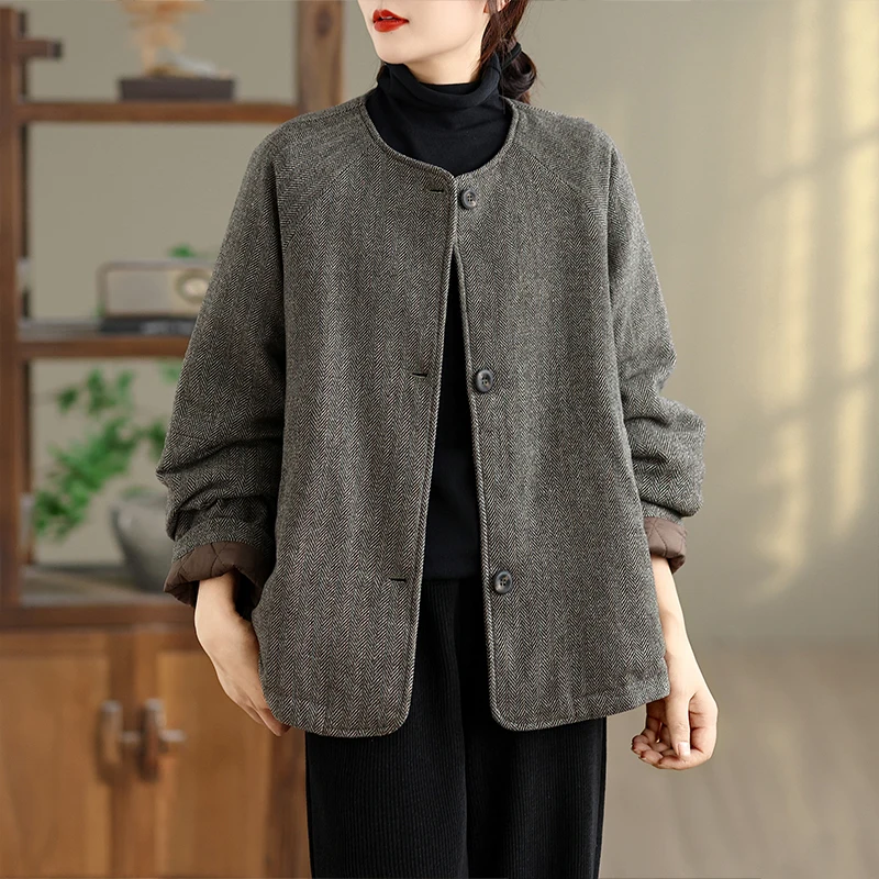 ريترو جولة Ne ort القطن Jaet المرأة فضفاضة عارضة Sle الشتاء Faion لون نقي أعلى البوليستر الصوف مزيج النسيج #3