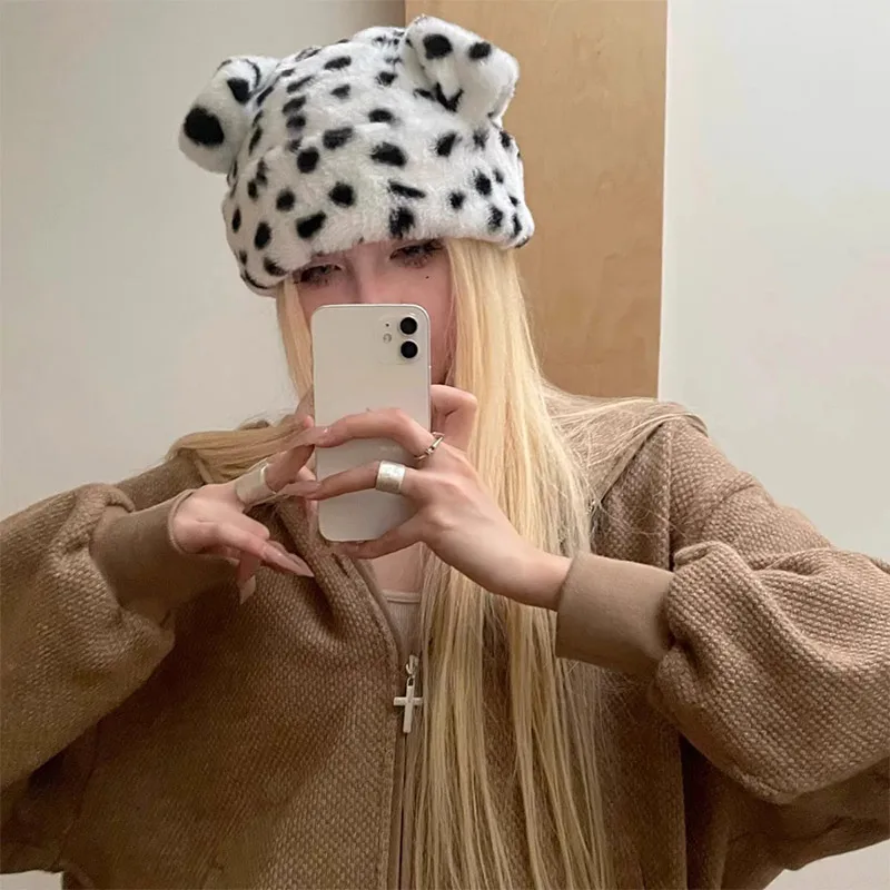 Korean Dalmatian Hat Thickened Cat Ear Plush Warm Ear Protection Pullover Hat Retro Luxury Spotted Hat Children's Hat