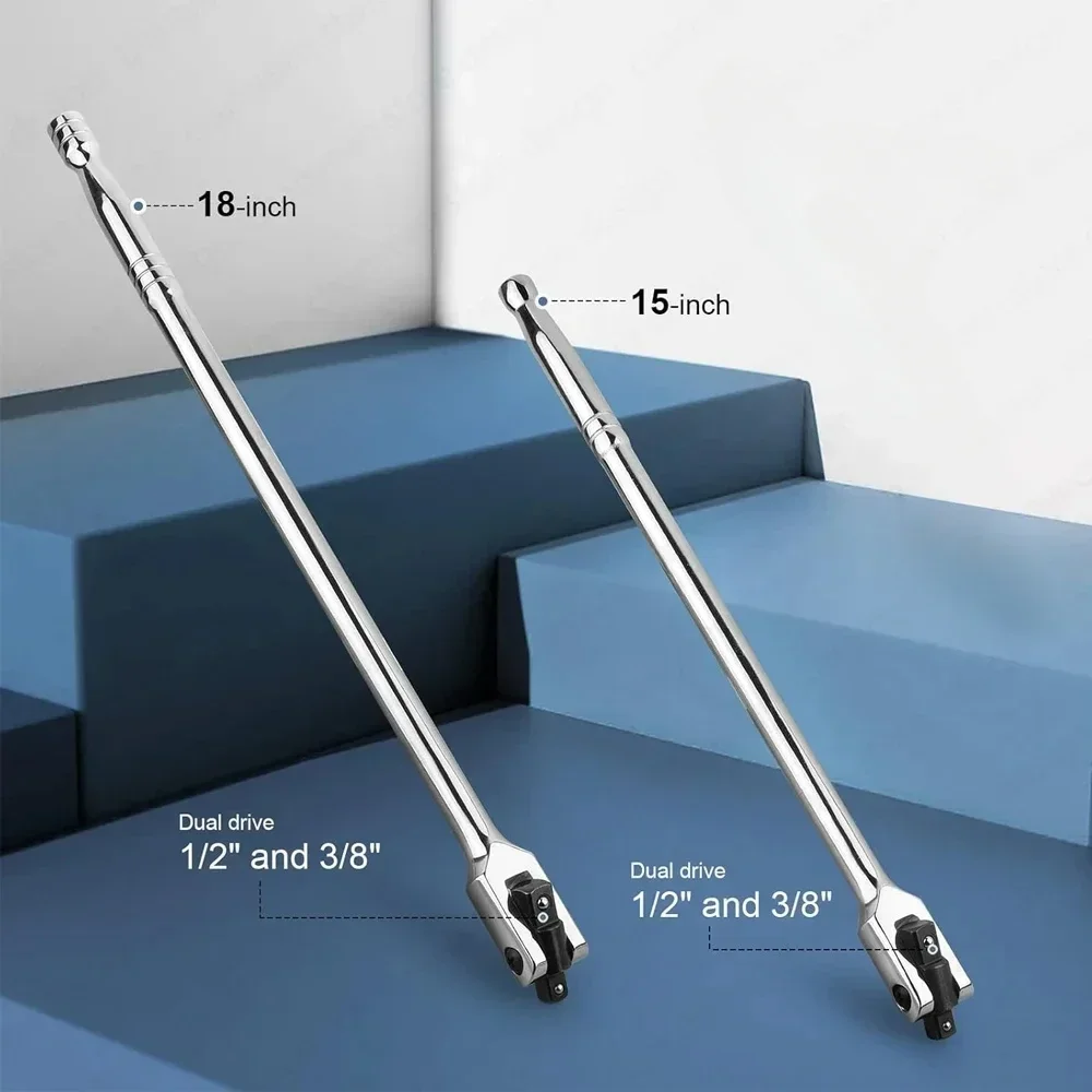 1/2'' Drive Breaker Bar Wrench Socket 10/15/18inch Extension 180-Degree Cr-V Flex Head and Engraved Non-slip Handle Repair Tools