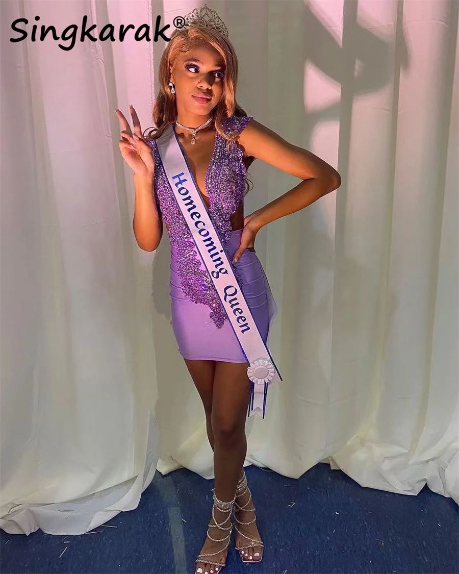 

New Arrival Purple Diamond Short Prom Dress For Black Girls Beads Crystal Birthday Party Cocktail Homecoming Gowns Robe