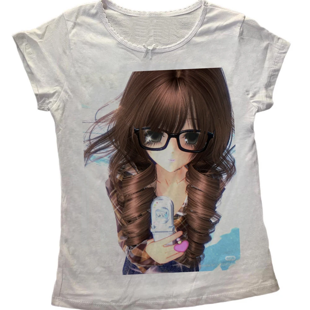 Y2K-Brille, lockiges Haar, Anime-Mädchen, Klapphandy-Print, Damen Slim-Fit Langarm-T-Shirt, Retro Harajuku Manga, enganliegendes Streetwear-Oberteil – Detail 4