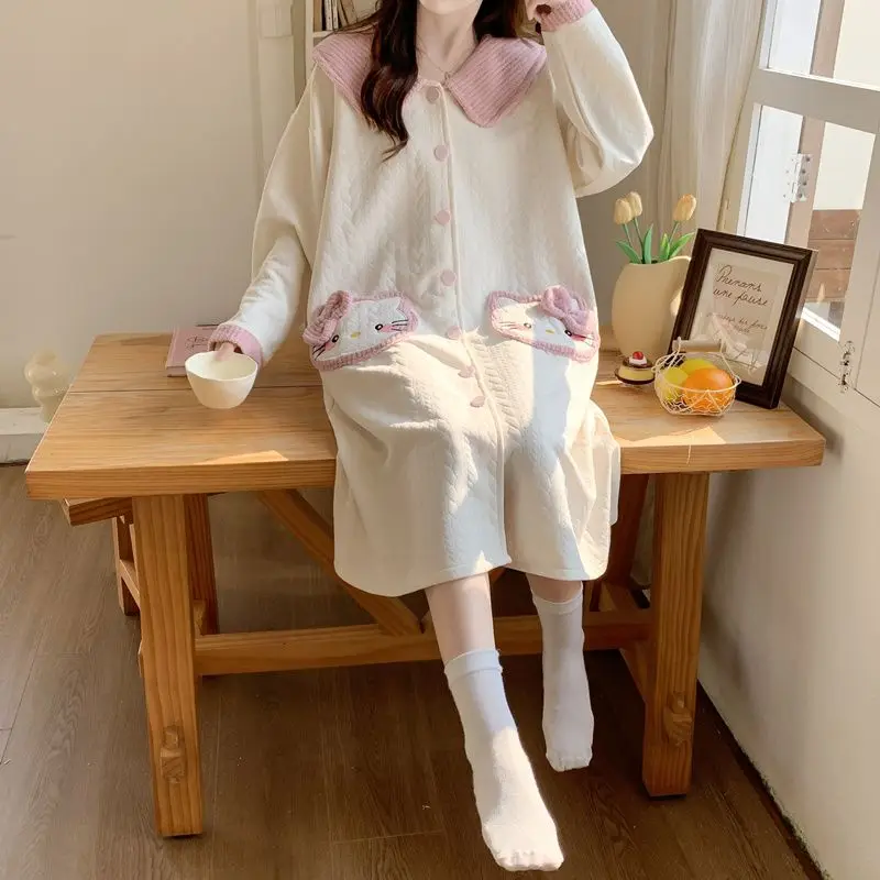 كيتي فتاة لطيف ثوب النوم الكرتون منامة الخريف الشتاء بأكمام طويلة الحلو Kawaii فضفاض ملابس المنزل طالب ملابس خاصة غير رسمية