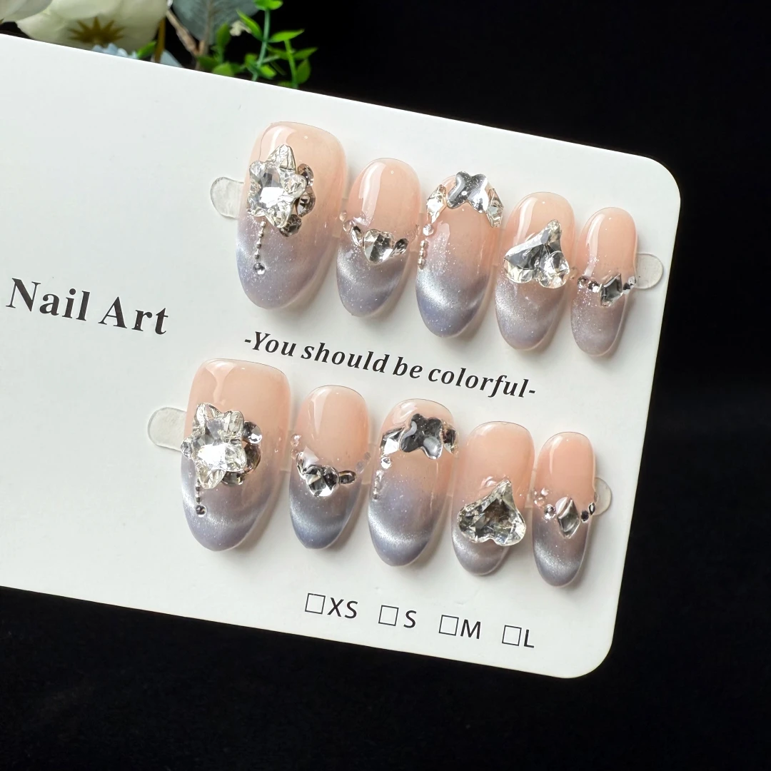 10 قطع من الأظافر الفاخرة والراقية الخفيفة، أظافر فرنسية مصنوعة يدويًا على شكل عين القطة الماسية ثلاثية الأبعاد #1