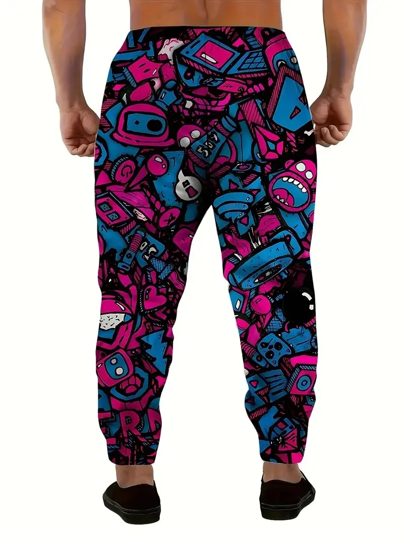 As novas calças masculinas para o outono de 2025 apresentam estampas de padrão de desenho animado 3D simples e elegantes de rua casual