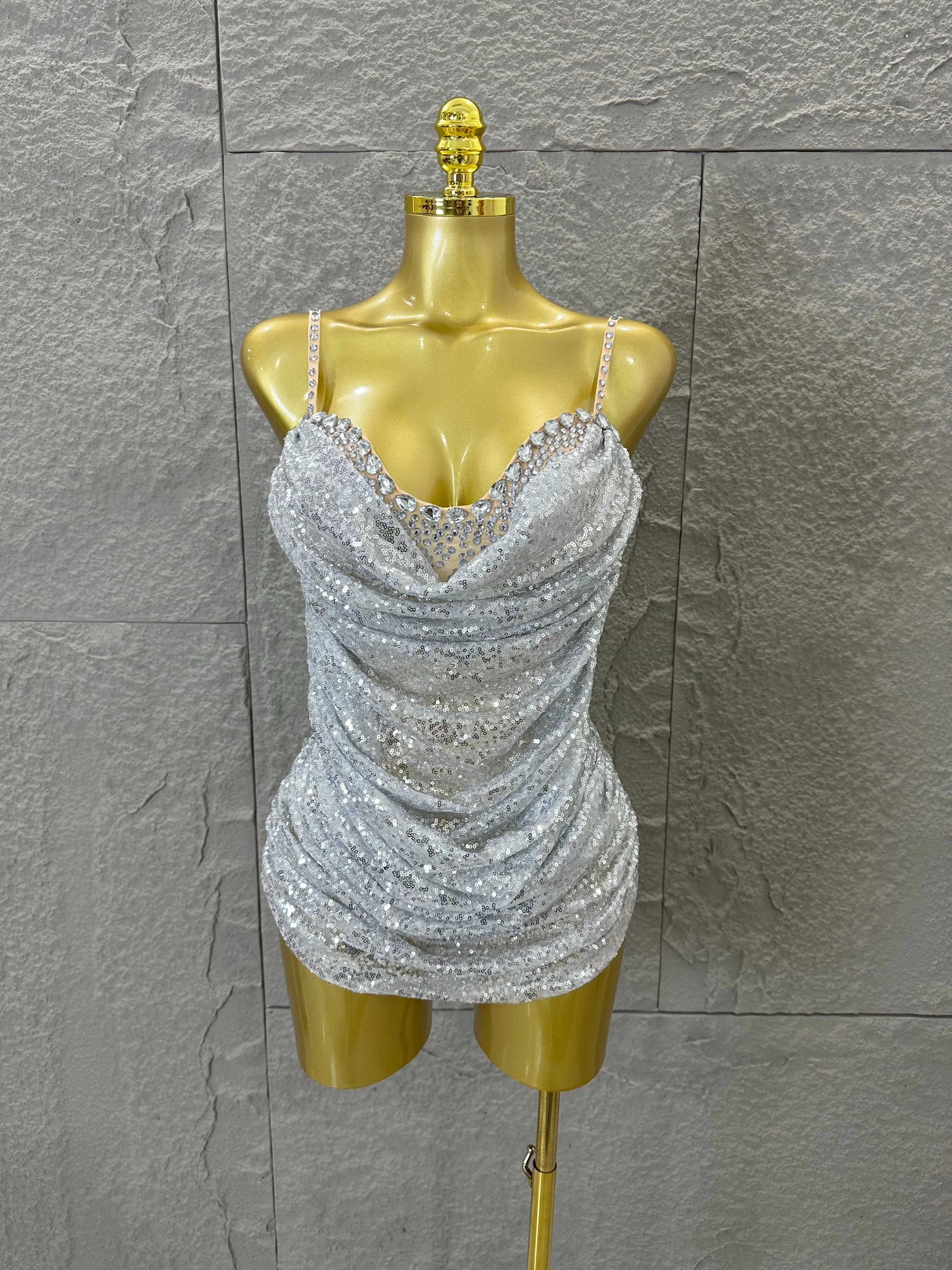 Sexy Silver Sequin Rhinestone Mini Dress Cowl Neck Spaghetti Strap Bodycon Outfit Birthday Party Nightclub Performance Costume