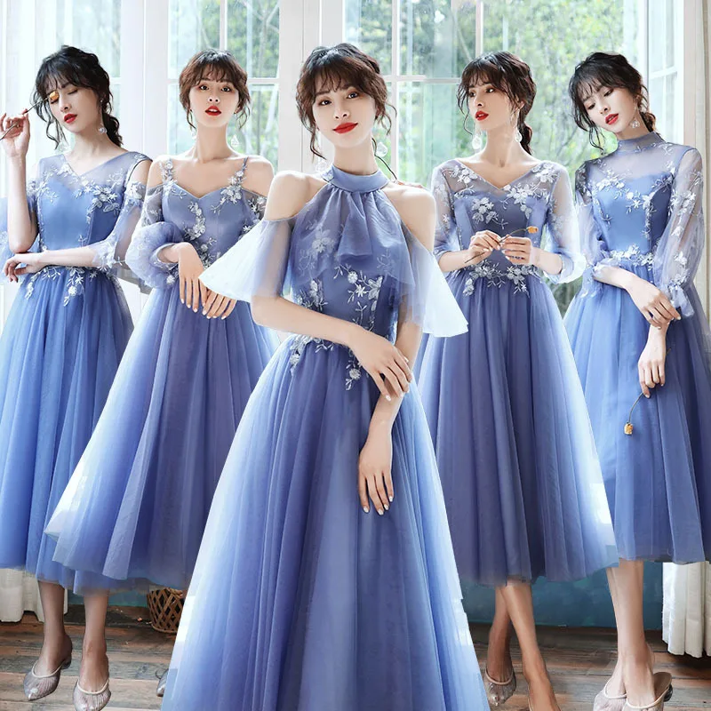 robe-de-demoiselle-d'honneur-bleue-a-bretelles-epaules-denudees-col-en-v-broderie-en-maille-robe-de-groupe-pour-sœurs-robe-pour-petite-fille-personnalisable