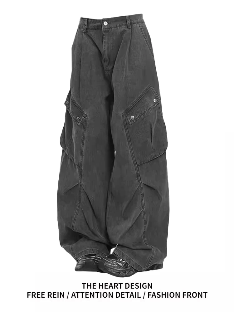 

Американские ретро-джинсы для женщин: осенне-зимние свободные прямые брюки с широкими штанинами и большими карманами, длина в пол