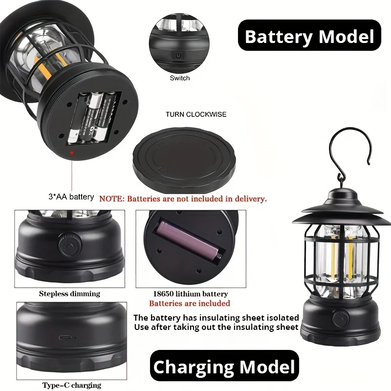 1PC Rechargeable Outdoor Camping Lights Retro Portable Camping Tent/Table Lamp Hanging Lights Garden Decoration Without Battery