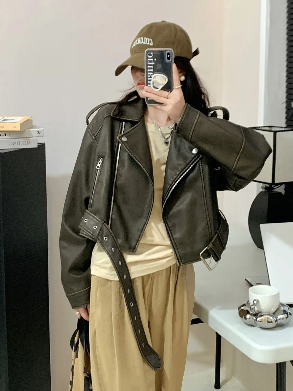 Cappotto da motociclista vintage da donna in pelle Jaet PU ort Waed Color sbiadito American Retro Sle Spring New Faion Loose Fit