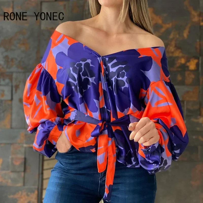 Women Casual All Over Print Off Shoulder waistband Puff Sleeve Sexy Blouse