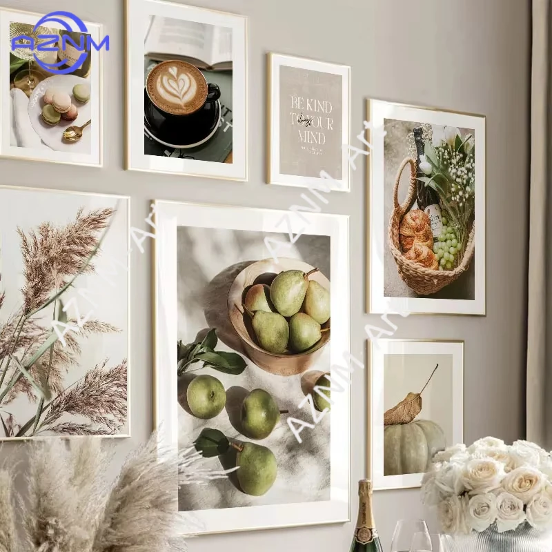 1PC ，Autumn Reed Coffee Pumpkin Pear Vintage House Posters And Prints Canvas Painting Wall Art Pictures For Living Room Home