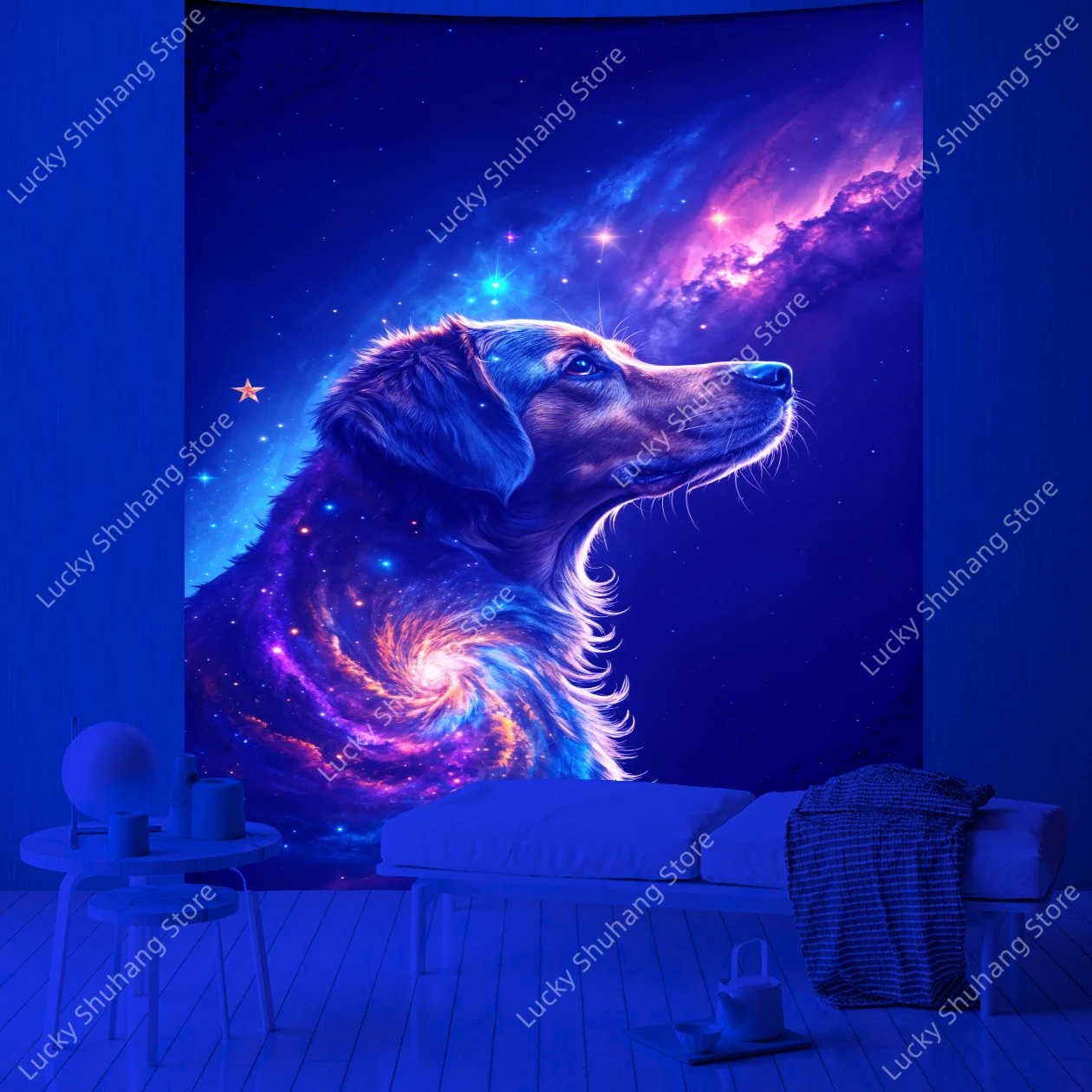 Cosmic Canine UV Tapestry Galaxy Dog Wall Art with Starry Night Design for Bedroom Living Room Decor Space Themed Home Textile