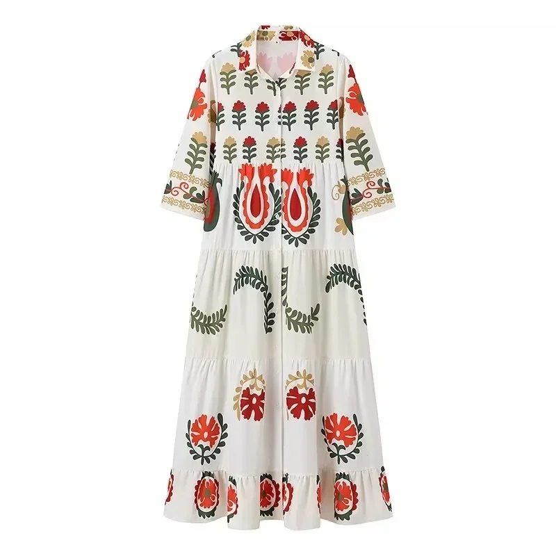 

2024 Autumn New European and American Women's Clothing Positioning Printed Single-Breasted Long Dress Polyester Fiber