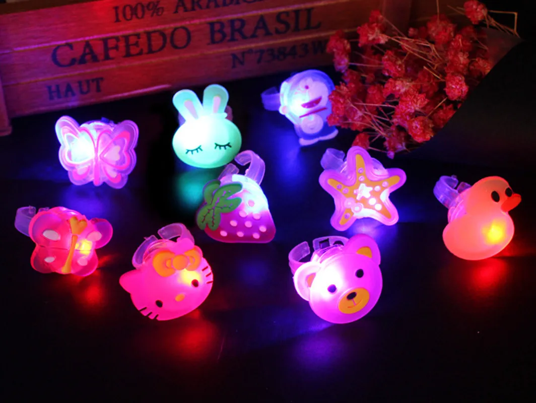 12Pcs/Bag Kids Cartoon LED Flashing Light Up Glowing Finger Rings Electronic Christmas Halloween Fun Toys Party Accessories Gift