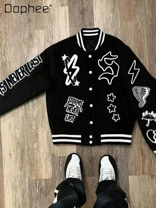 

Spring and Autumn American High Street Men's Letter Embroidery Striped Patchwork Black and White Loose Casual Baseball Jacket