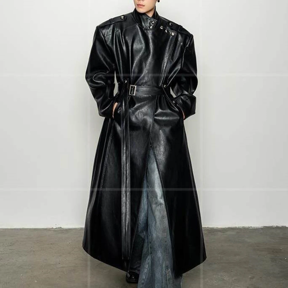 Long Waistband Coat Men for retro Overcoat Extended Long Length Solid Color Pattern Long Sleeve Design Faux Leather Material