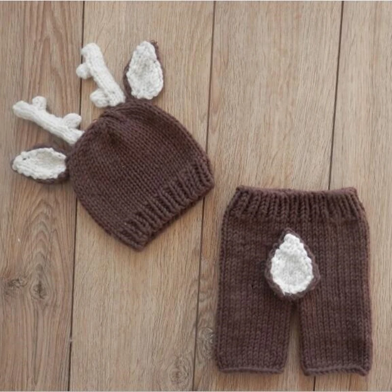 Knitting Baby Pants with Bonnet set, Newborn Christmas Reindeer Hat,baby Crochet Beanies - Brown and White Newborn Photo prop