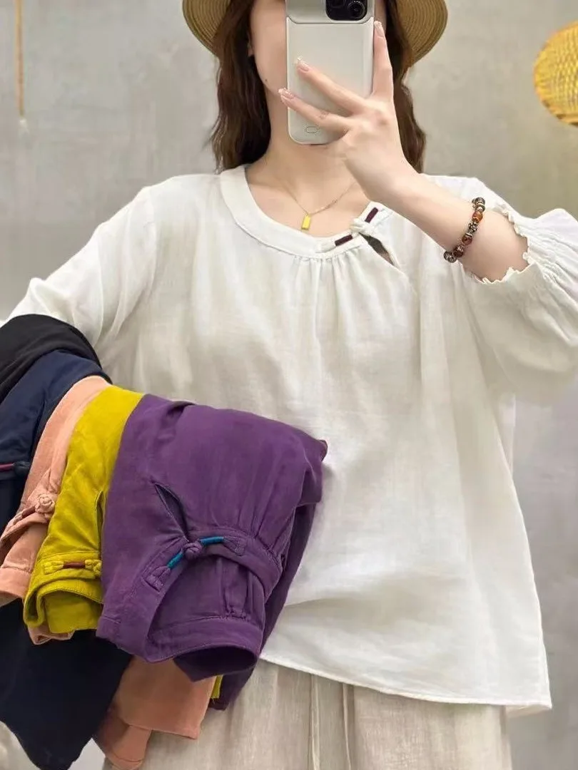 

Loose Cotton Linen irt Large Size Women's Artistic Simple round Ne Nine Sve Tops Pure Color Button Plaet Asymmetrica...