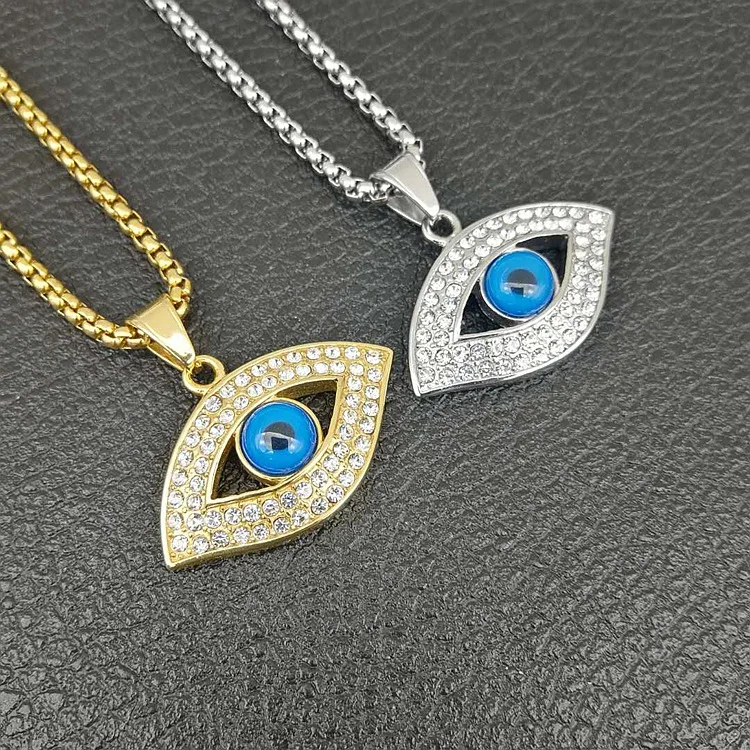 316L Stainless Steel Men iced out blue eye of God pendant necklaces with zircon fashion long chain hip hop men jewelry
