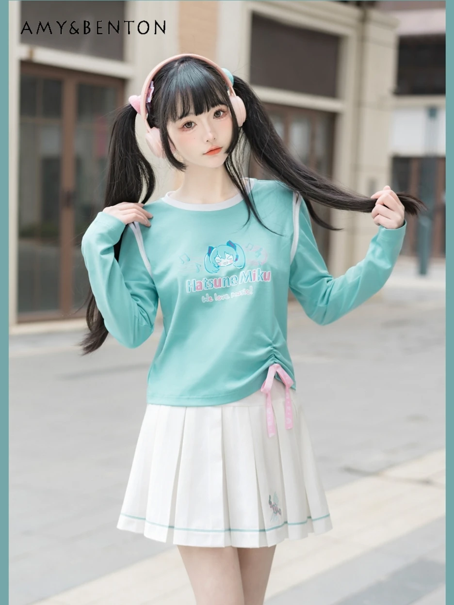 Preppy Style Kawaii Anime Embroidered Baseball Uniform Slim Top Pleated Skirt Three-Piece Set Spring New Sweet Girl Skirt Sets