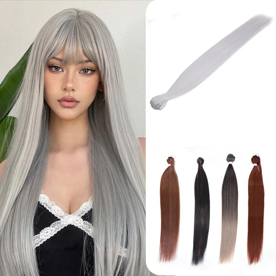 30 Inches Clip in Fake Hair Extensions Synthetic Straight Hair With Brown Grey Ponytai Party Daily Hair High Temperature Fiber