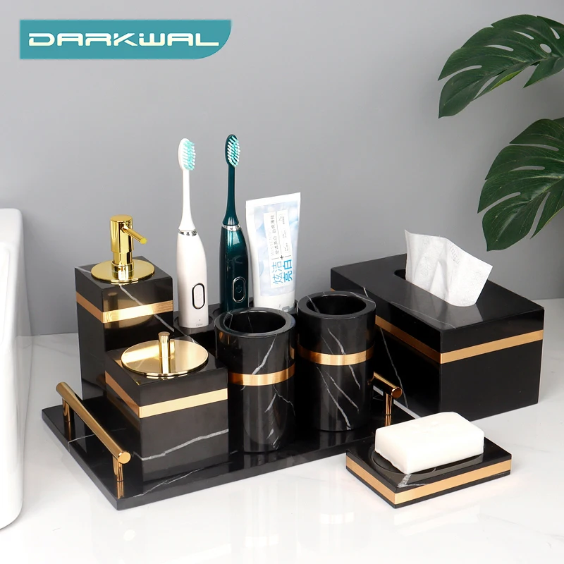 

Black Nero Marquina Natural Marble Set for Bathroom Luxury Golden Toothbrush Holder Soap Dispenser Bathroom Accessories