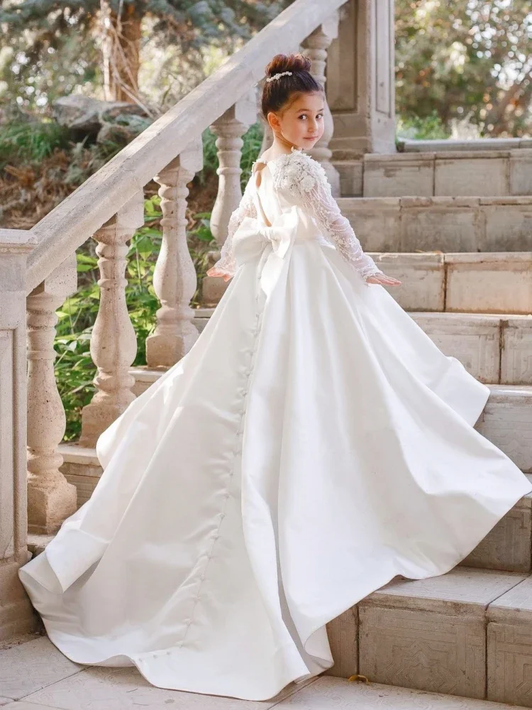 Vestidos de niña de flores personalizados, fiesta de noche de boda, vestido blanco de princesa de lujo para niños, vestidos de encaje de ilusión de manga larga con lazo