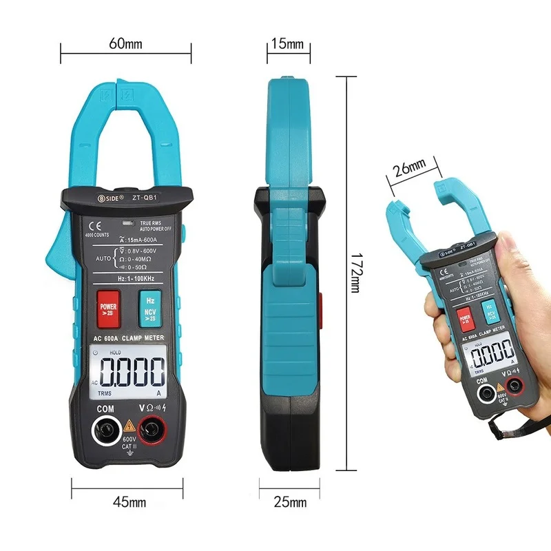 BSIDE ZT-QB1 Plier Ammeter DC/AC Voltage Resistance NCV Hz Tester Digital Clamp Meter Multimeter 600A Current True RMS Smart