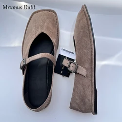 Mrxmus Dutit Suede Leather Shallow Cut Flat Shoes 2024 New Retro Sand Yellow Ballet Shoes Minimalist Commuter Women's Shoes