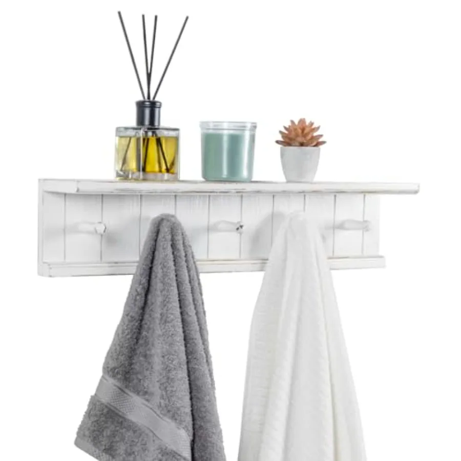 

Wall Mounted 5-Hook Vintage White Wood Floating Bathroom Shelf and Towel Rack