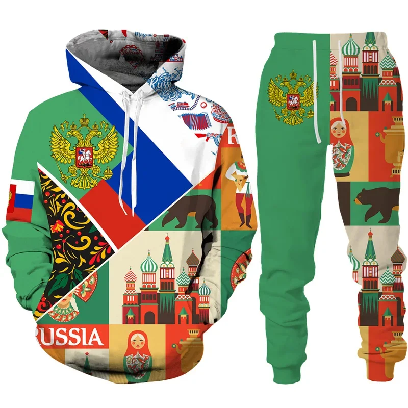 Autumn Winter Russian Flag 3D Print Hoodie+Pants Sets Men Women Two Piece Sets Russia National Emblem Casual Tracksuit Oversize