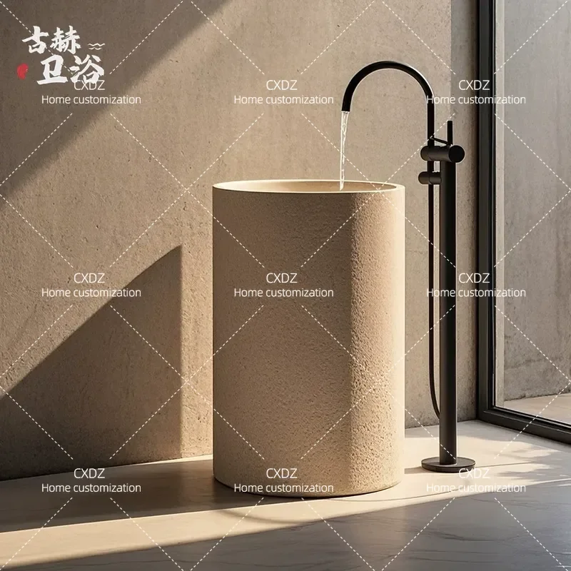 Beige Travertine Marble Floor to Ceiling Column Basin Outdoor Balcony Villa Art Hand Wash Sink for Homestay